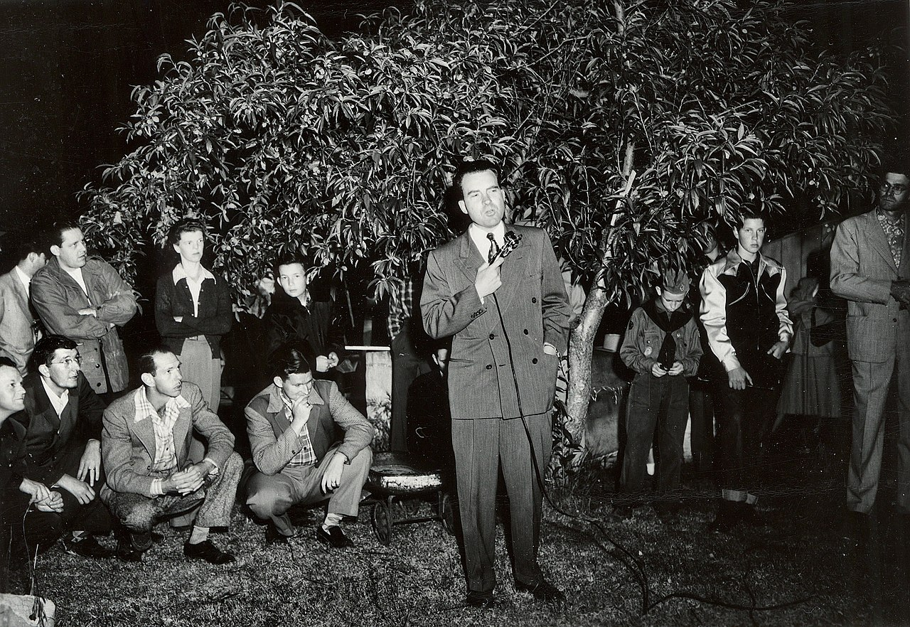 Richard Nixon speaking to a crowd in Yorba Linda